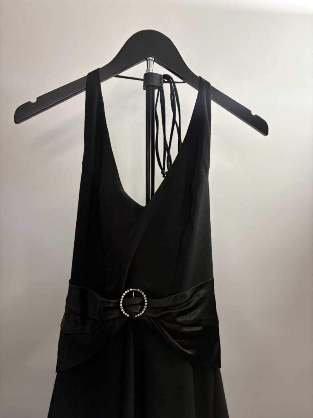 B. Darlin Black Halter Vintage Y2K Tie Back Satin Evening Dress Rhinestone Vneck - Picture 5 of 16